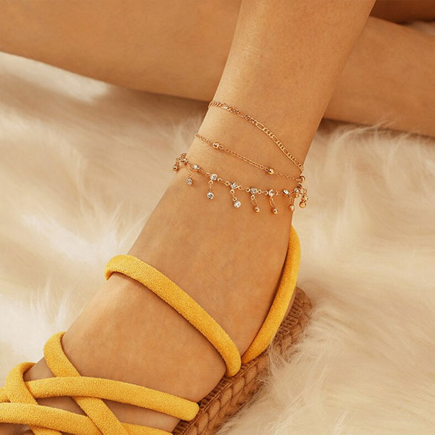 3Pcs/Set Summer Golden Bohemian Anklets- Multi-layer Clear Crystal Stone Anklets for Girls