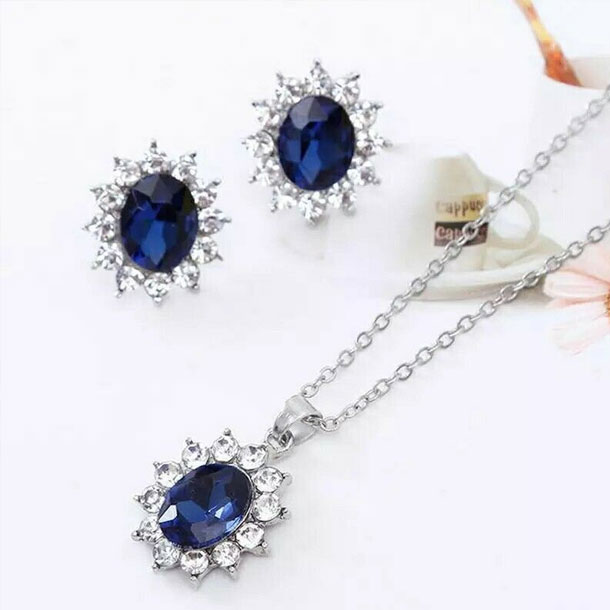 Blue Royal Princess With Inlaid Imitation Gemstone Crystal Necklace Earrings Set