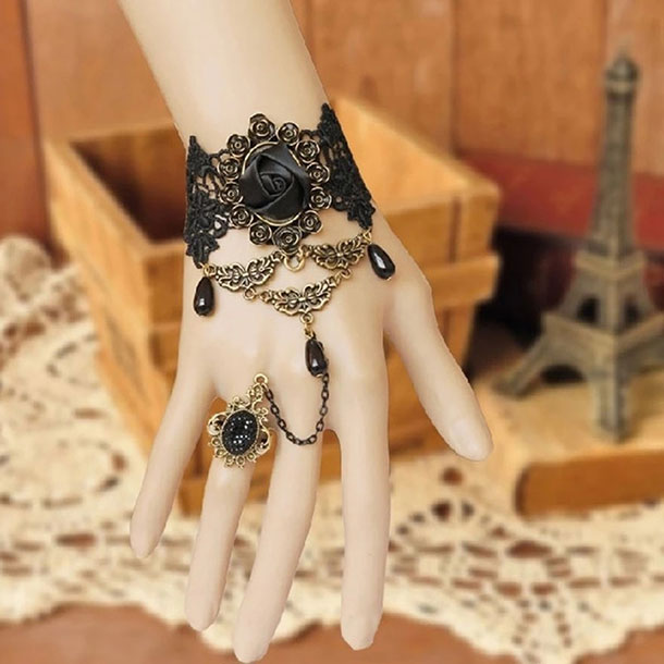 Bohemian Black Lace Flower Hand Bracelets- Simple Bracelet with Chain Ring Jewelry Gifts