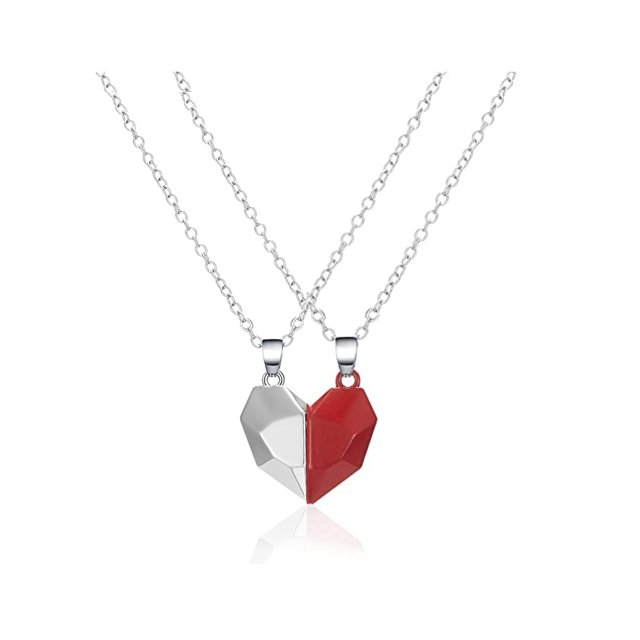Couples Magnetic Heart Attach Pendant Necklaces- Red and Silver Heart Stainless Steel Locket for Girls