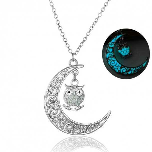Fashion Moon Owl Glowing Charm Pendant Necklaces- Silver Plated Women Luminous Necklace Gifts