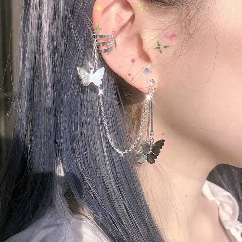 Stylish Silver Butterfly Tassel Ear Cuff Earrings- Butterfly Long Korean Style Drop Earrings For Girls