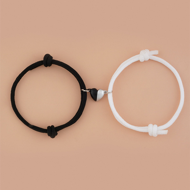 Fashion Black and White Braided Rope Couple Bracelets- Heart Magnetic Adjustable Bracelets for Friendship