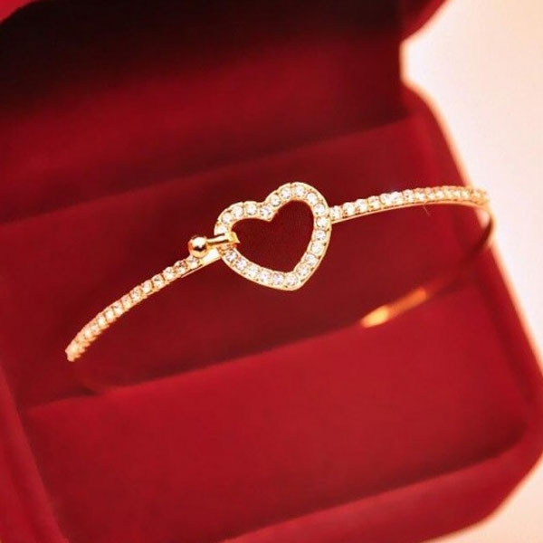 Fashion Rhinestone Golden Heart Bracelets- Love Heart Bangle Cuff Bracelet Jewelry 