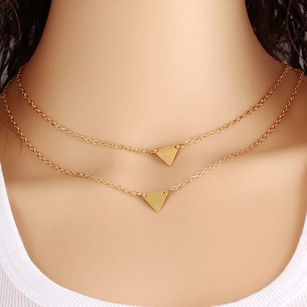 He New Style Fashion Street Shoot Simplicity Double Triangle Necklace Clavicle Pendant Necklace Gold Choker Maxi Necklace 