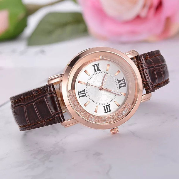 Beautiful Brown and Black Rhinestone Watches- Casual Watch with Leather Strap For Ladies