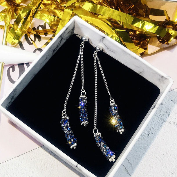 Geometric Blue Rhinestone Tassel Earrings- Stainless Steel Long Earrings for Women Gift Jewelry