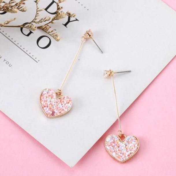 Fashion Heart-Shaped Long Chain Earrings- Korean Style Pink Heart Drop Earrings Girls Jewelry