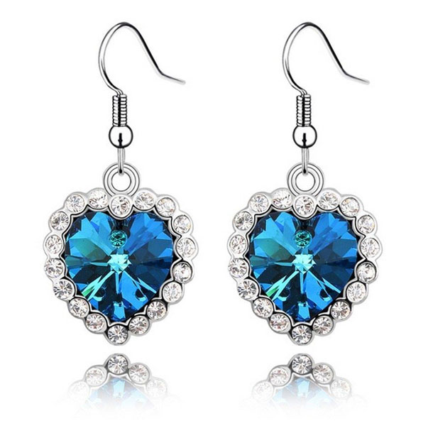 Women's Fashion Blue Heart Charm Earrings- Crystal Heart Earrings for Girls