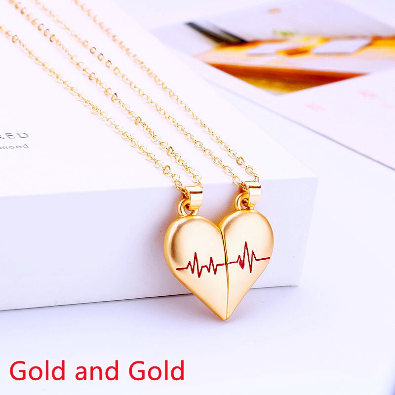 Couple Magnetic Attracts Heart Pendant Necklaces- Heartbeat Pair Clavicle Chain Necklace for Couples and Friends
