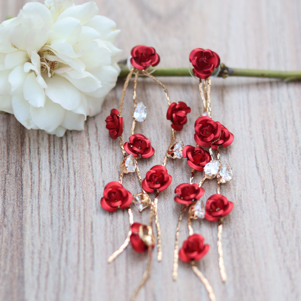 Beautiful Red Rose Pearl Long Earrings- Flower Drop Earrings Red for Girls