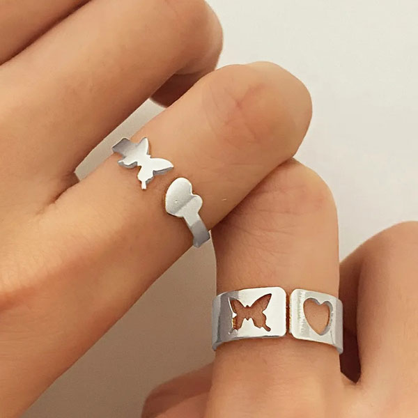 2Pcs/Set Hip-hop Butterfly Heart Multi-layer Open Finger Rings- Adjustable Matching Rings Set for Women and Men