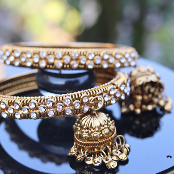 Stunning Golden Antique Bangles Set- Stones Jhummka Bangles Women Jewelry