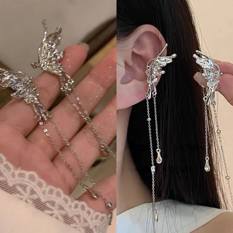 Fairy Crystal Butterfly Ear Bone Earrings Korean Style- Ear Cuff Long Clip Earrings Without Piercing