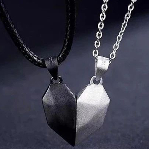 2Pcs Couple Magnet Attraction Heart Locket- Silver and Black Pendants for Girls and Boys