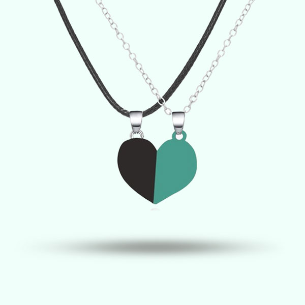 2Pcs Red and Aqua Magnet Heart Pendant Necklaces- Couple Matching Pendant for Women and Men Lovers Gift