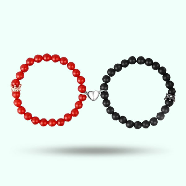 2Pcs/Set Black and Red Couples Beads Bracelets- Handmade Magnet Heart Bracelets For Men Women, Best Friend Gift