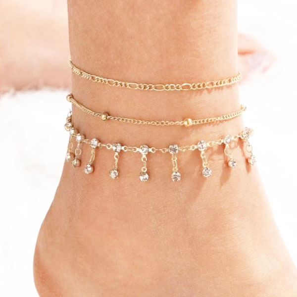 3Pcs/Set Summer Golden Bohemian Anklets- Multi-layer Clear Crystal Stone Anklets for Girls