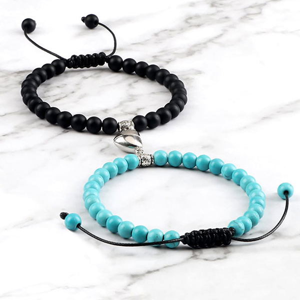 Adjustable Braided Rope Handmade Stone Bracelets- Matching Magnetic Heart Bracelets Friendship Jewelry