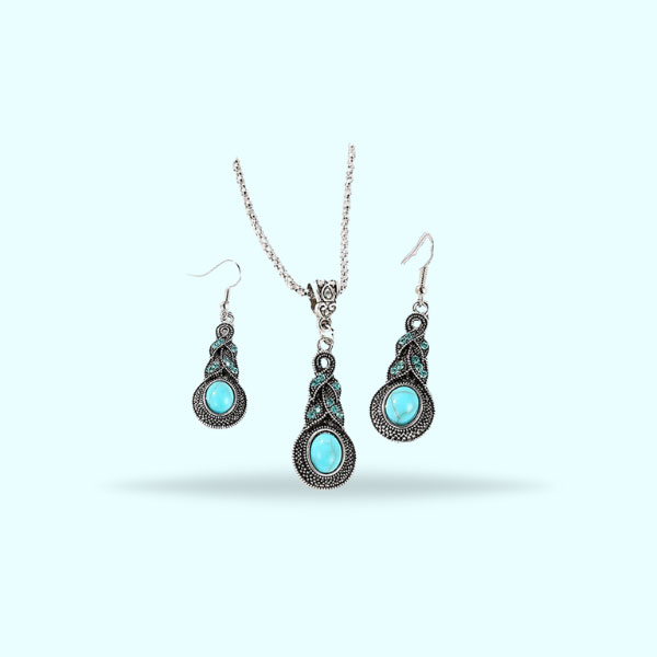Vintage Blue Crystal Locket with Matching Earrings- Bohemian Rhinestone Locket Set for Girls Jewelry 