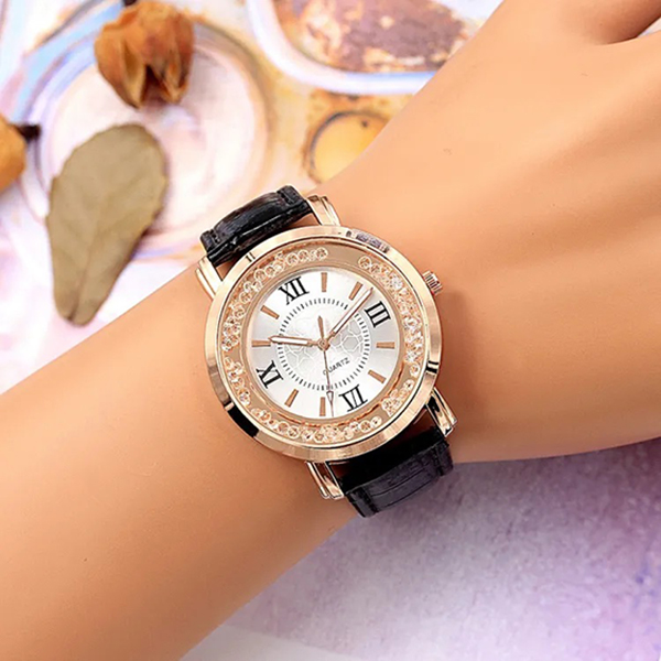 Beautiful Brown and Black Rhinestone Watches- Casual Watch with Leather Strap For Ladies