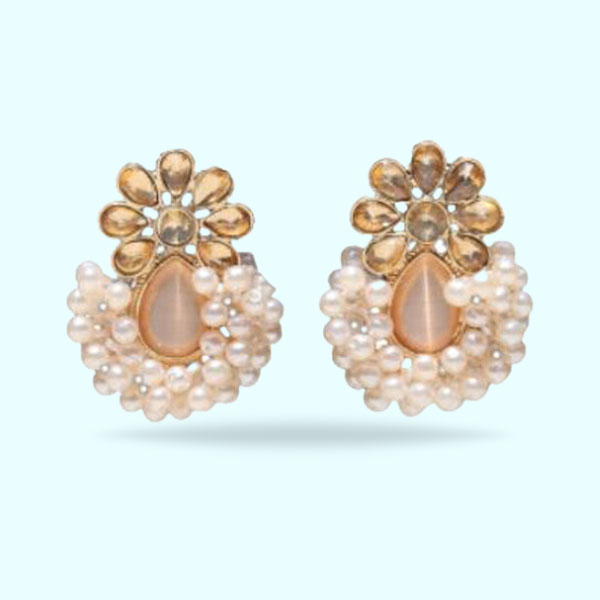 Golden Flower Small Pearl Earrings- Crystal Stud Casual Earrings for Girls