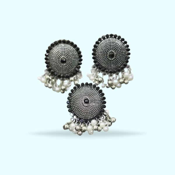 Crystal Round-Shaped Jhummka Earrings with Ring- Black Eastern Earrings for Girls and Women