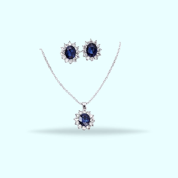 Blue Royal Princess With Inlaid Imitation Gemstone Crystal Necklace Earrings Set