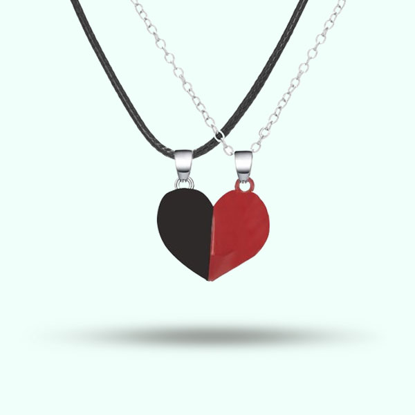 Couple Magnetic Heart Attach Pendant Necklaces- Red and Black Friendship Heart Locket for Women and Men