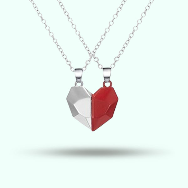 Couples Magnetic Heart Attach Pendant Necklaces- Red and Silver Heart Stainless Steel Locket for Girls