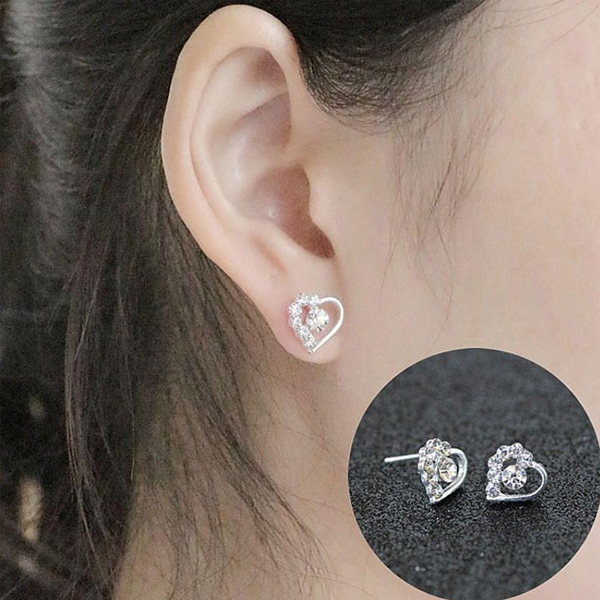 Crystal Heart Stone Stud Earrings- Silver Heart Earrings for Women