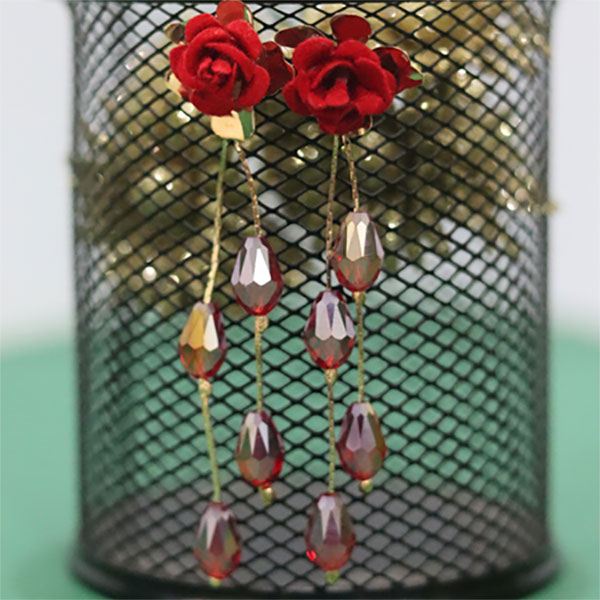 Dazzling Red Rose Crystal Tail Earrings- Red Floral Flower with Pearl Drop Earrings