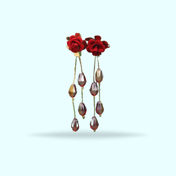 Dazzling Red Rose Crystal Tail Earrings- Red Floral Flower with Pearl Drop Earrings
