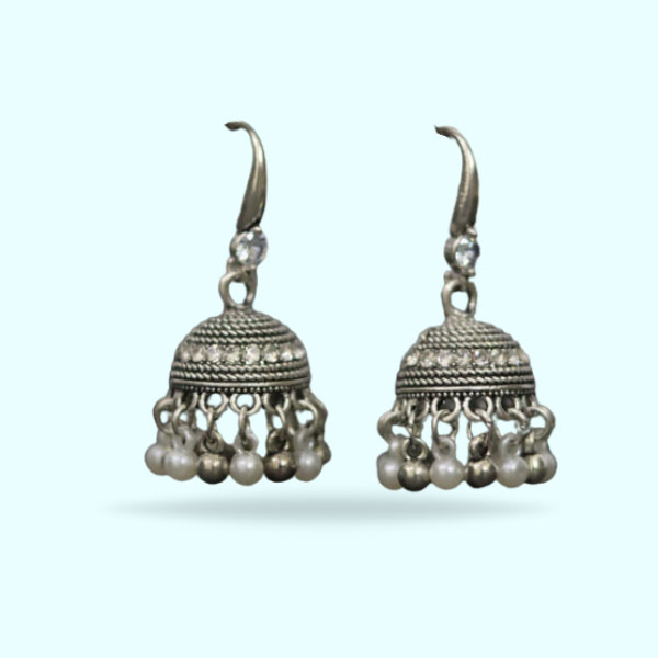 Premium Silver and White Pearl Round-Shaped Jhummka- Antique Jhummka Earrings for Women