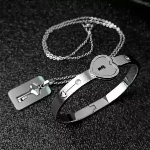 Fashion Couple Heart Lock and Key Bracelets Necklace- Silver Bracelets for Women and Men Jewelry