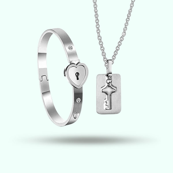 Fashion Couple Heart Lock and Key Bracelets Necklace- Silver Bracelets for Women and Men Jewelry