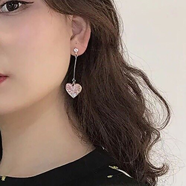Fashion Heart-Shaped Long Chain Earrings- Korean Style Pink Heart Drop Earrings Girls Jewelry