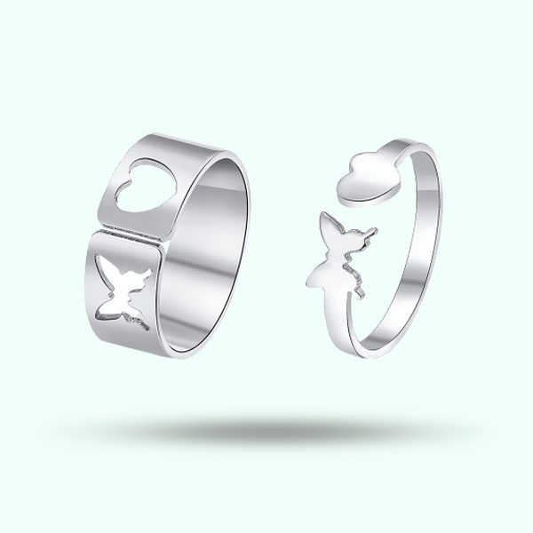 Fashionable Silver Butterfly Heart Rings- Adjustable Finger Rings for Women and Men Friendship Jewelry