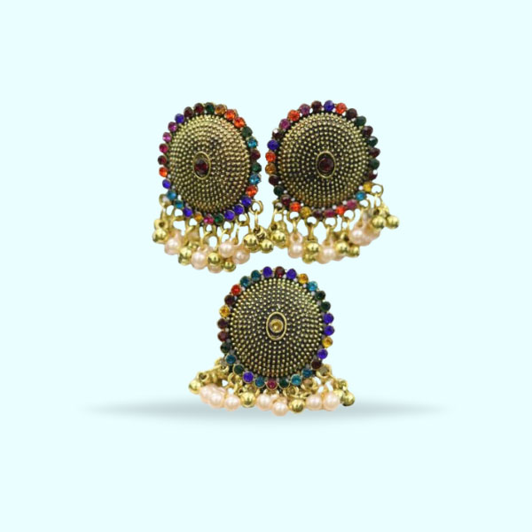 Festival Multicolor Round-Shaped Earrings- Crystal Pearl Earrings Set	with Matching Rings