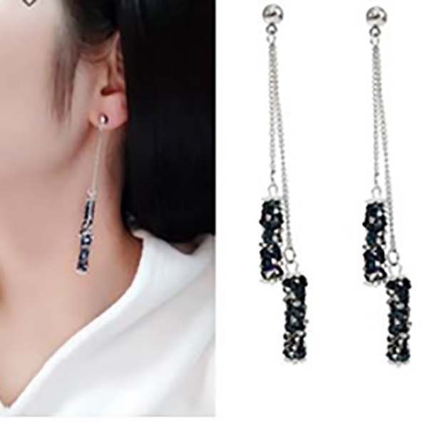 Geometric Blue Rhinestone Tassel Earrings- Stainless Steel Long Earrings for Women Gift Jewelry