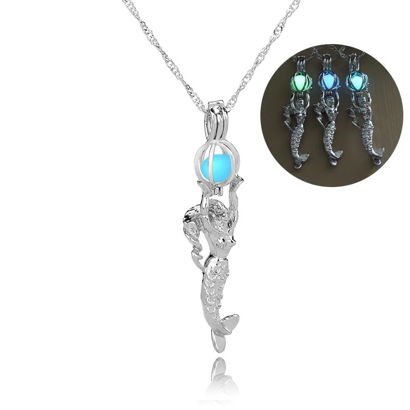  Glow in The Dark necklaces For Women Mermaid Luminous Beads Cage Pendant Fashion Jewelry