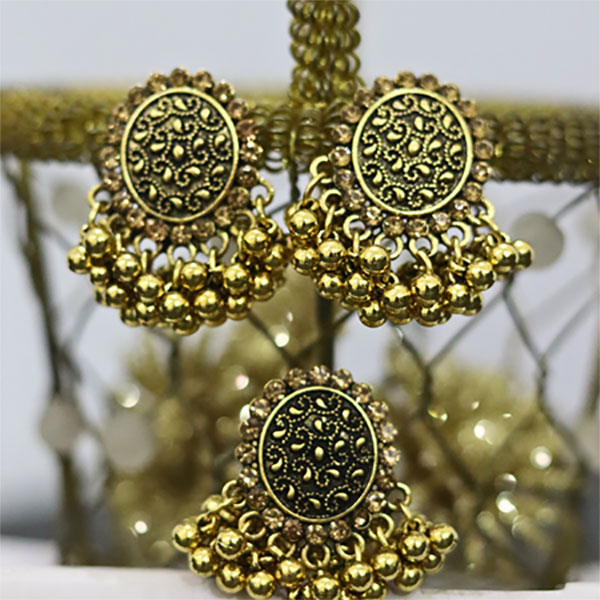 Golden Crystal Round Earrings with Ring Set- Traditional Eastern Earrings for Girls