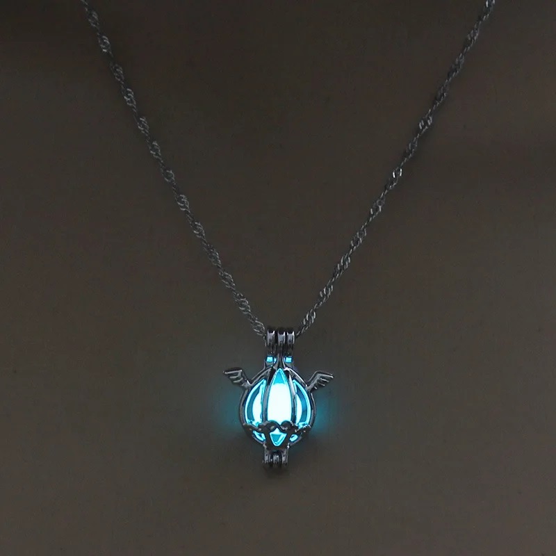 Lucky Angel wings Glow In The Dark necklaces Hollow luminous water drop shaped cage pendant For women Fashion Jewelry