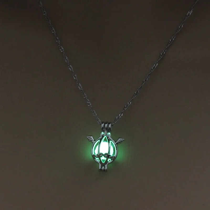 Lucky Angel wings Glow In The Dark necklaces Hollow luminous water drop shaped cage pendant For women Fashion Jewelry