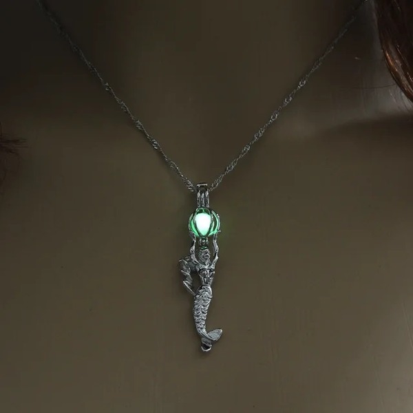 Luminous Green Mermaid Beads Cage Pendant Glow in The Dark Necklaces for Women Fashion Jewelry