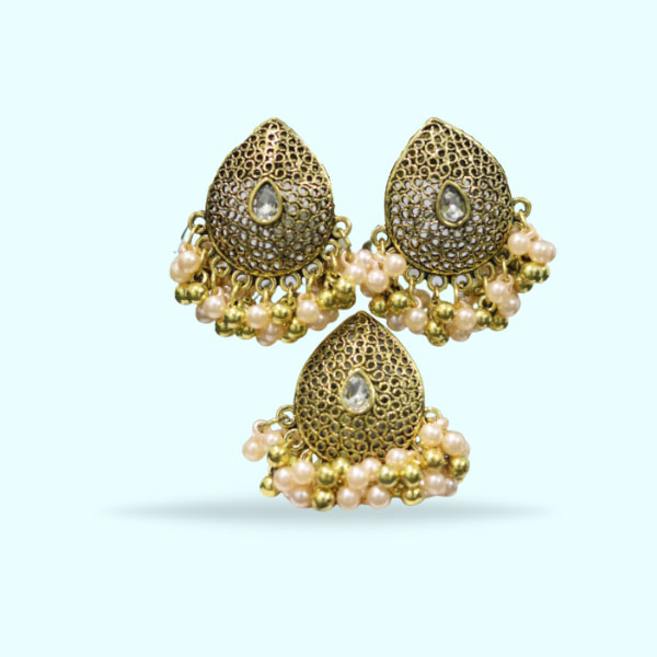 Traditional Golden Pearl Earrings with Same Rings- Antique Jhummka Earrings for Girls