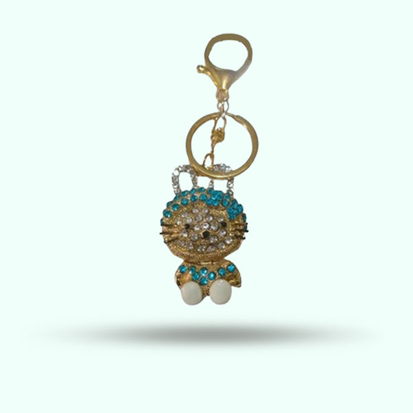 New Cute Kitty-Shaped Keychains- Golden and Sky Blue Stones Keychain for Girls Bags