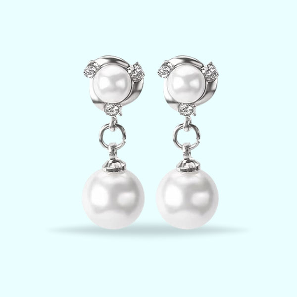 Fashionable Silver Pearl Drop Earrings- Crystal Pearl Sparkling Earrings For Women