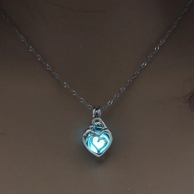 Openwork Love Heart luminous necklaces Fashion Glow In The Dark stone cage pendant necklace For women Girls Jewelry