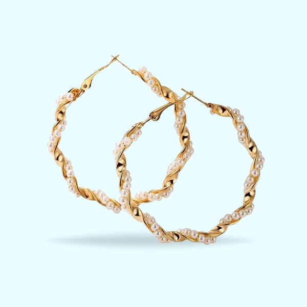 Stainless Steel Golden Pearl Hoop Earrings- Unique Twisted Big Beads Earrings for Women